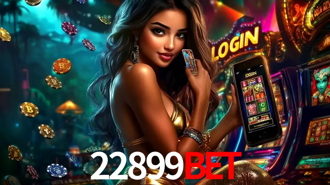 Mulher em um cenário de cassino temático de aventura, mostrando o app de caça-níqueis da 22899bet no celular. Fichas de apostas flutuam ao redor.