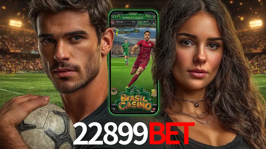 Homem segurando uma bola de futebol e uma mulher ao lado de um smartphone exibindo o jogo de apostas esportivas da 22899bet. Faça seu palpite no cassino online.